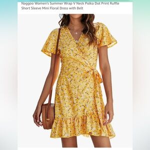 Naggoo Women's Summer Short Sleeve Mini Floral Dress with Belt- A Yellow Floral